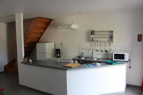 une petite cuisine avec un comptoir et un micro-ondes dans l'établissement Chez Marie et christian, à La Boussac