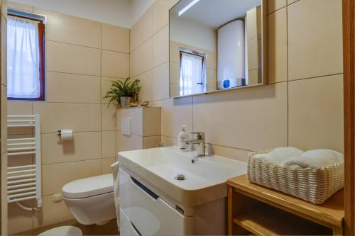 ein Badezimmer mit einem Waschbecken, einem WC und einem Spiegel in der Unterkunft Andrino in Mali Lošinj