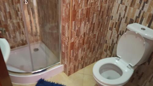 a bathroom with a toilet and a shower at Hotel Ocean View & Restaurante Seafood in São Filipe