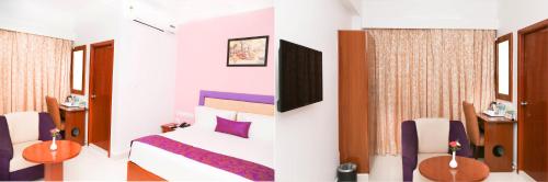 two pictures of a bedroom with a bed and chairs at Sbk Park Inn in Kanchipuram