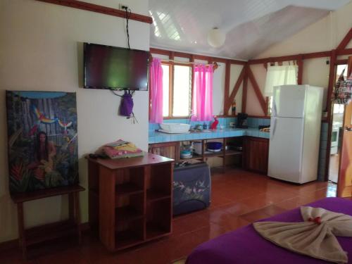 a kitchen with a refrigerator and a counter top at Fidelito Ranch & Lodge in Tambor
