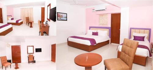 three pictures of a hotel room with two beds at Sbk Park Inn in Kanchipuram