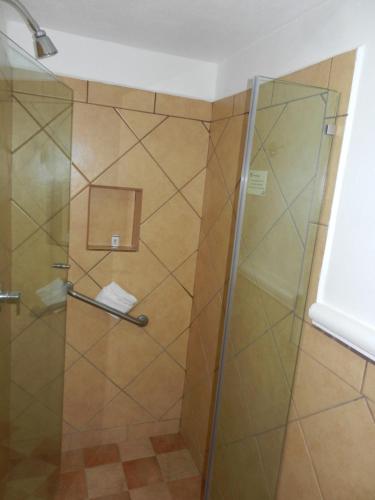 a shower with a glass door in a bathroom at Hotel 9 Manantiales in Chignahuapan