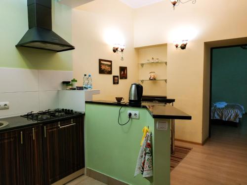 Il comprend une cuisine équipée d'un réfrigérateur vert et d'une cuisinière. dans l'établissement Lviv City Apartment, à Lviv