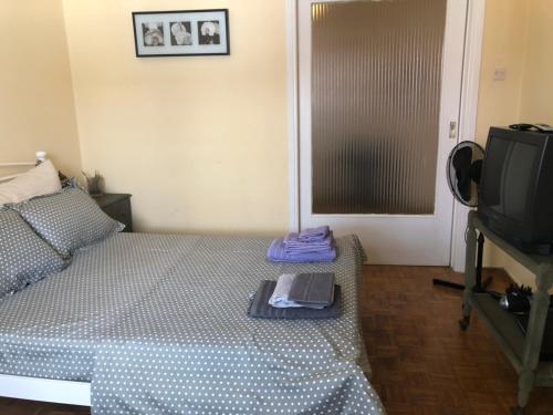 1 dormitorio pequeño con 1 cama y TV en Vintage apartment , 700m from metro, en Atenas