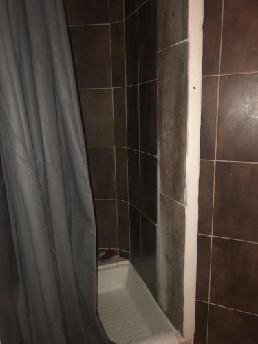 a bathroom with a shower with a shower curtain at Hôtel restaurant le delta in Saintes-Maries-de-la-Mer