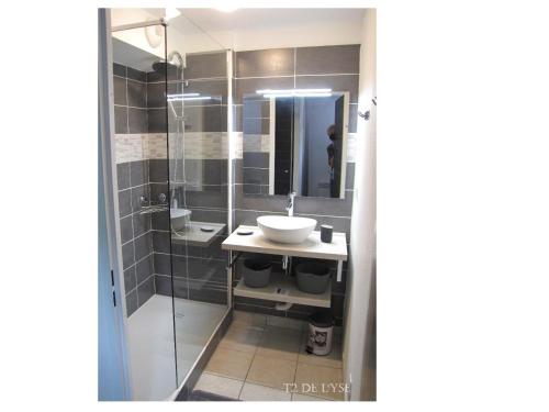 リュス・サン・ソヴァールにあるT2 de L'yseのバスルーム(洗面台、ガラス張りのシャワー付)