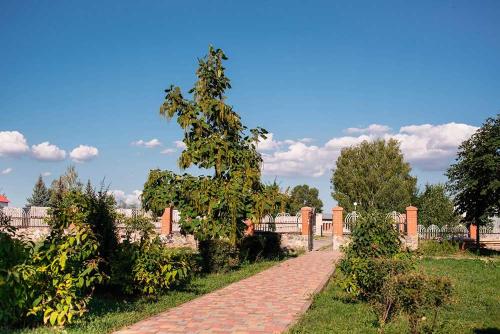 a tree on a brick path in a cemetery at Vershnyk in Cherkasy