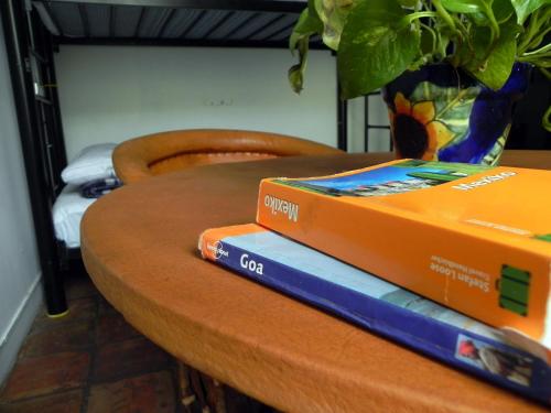 two books sitting on top of a table at Hostel Hospedarte Centro in Guadalajara