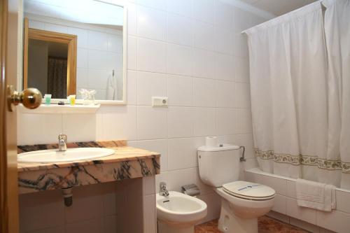 W łazience znajduje się toaleta, umywalka i lustro. w obiekcie Hotel Los Arcos w mieście El Alquián