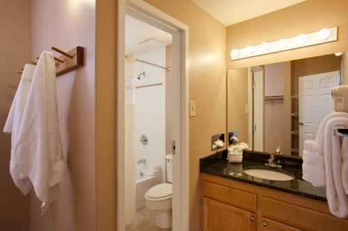 a bathroom with a shower, sink, and toilet at Legacy Vacation Resorts Steamboat Springs Hilltop in Steamboat Springs