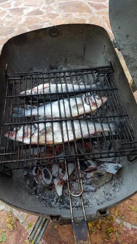 a grill with three different types of food on it at Olive Tree Apartment in Sarandë