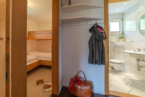 a bathroom with a bunk bed and a toilet and a sink at Steinrüti in Wildhaus