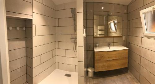 Villaines-en-DuesmoisにあるRelais de la truffièreのバスルーム(トイレ、洗面台、シャワー付)
