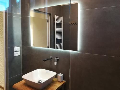 a bathroom with a sink and a mirror at Appartamento Rio de la Fornace in Venice