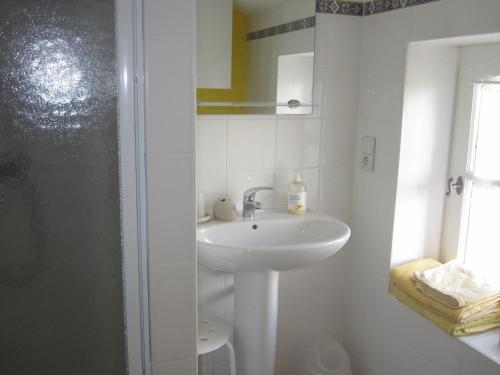 een witte badkamer met een wastafel en een douche bij Bellegarde in Saint-Gauzens