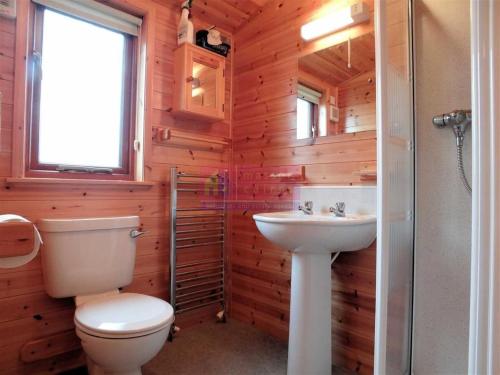 baño de madera con aseo y lavamanos en Lodge 53 Aviemore Holiday Park en Aviemore
