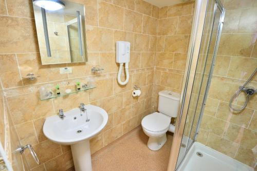 a bathroom with a toilet and a sink and a shower at The Angel Hotel in Coleford