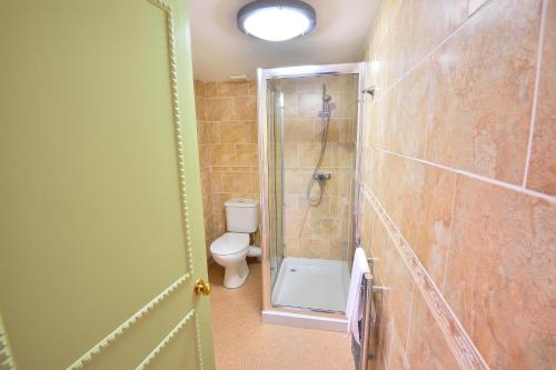 a bathroom with a shower and a toilet in it at The Angel Hotel in Coleford