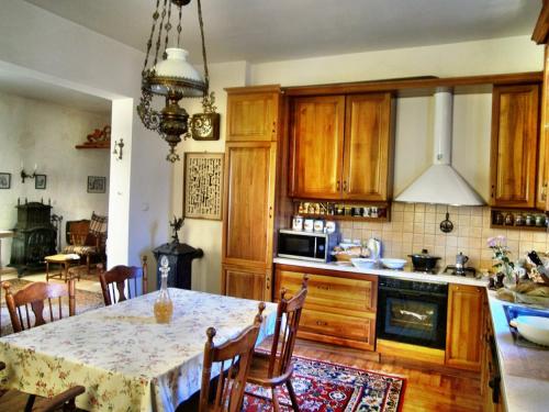 バルチクにあるRetro - 19th Century Guest Houseのキッチン(木製キャビネット、テーブル、椅子付)