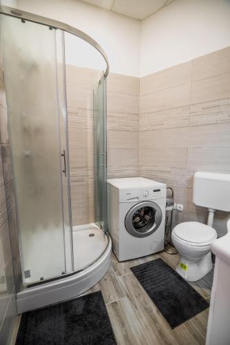 a bathroom with a shower and a washing machine at Apartment Lucija-Terme Šmarješke Toplice in Smarjeske Toplice