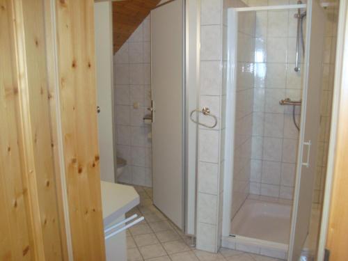 a bathroom with a shower and a toilet at Einkehrhof Poggau in Reinsberg