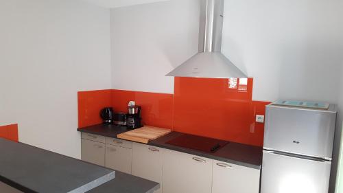 ヴィルフランシュ・ド・ルエルグにあるGITE PAGO DUPLEXの赤い壁のキッチン(白い冷蔵庫付)