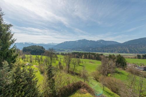 a green field with trees and mountains in the background at Ferienwohnung Andritsch in Sankt Georgen im Gailtal