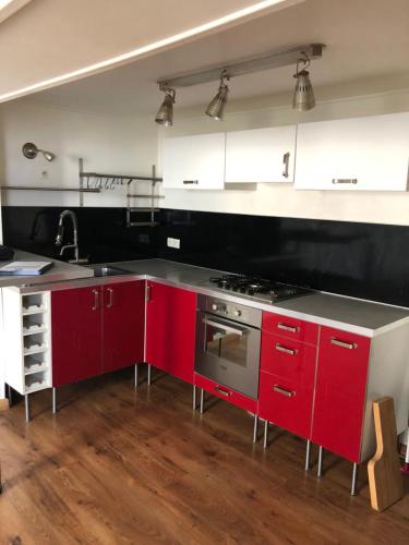 La cuisine est équipée de placards rouges et d'un four avec plaques de cuisson. dans l'établissement Sleep in Paris - Chessy, à Chessy
