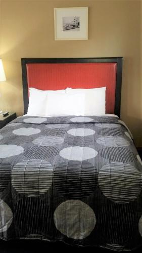 a black and white bed with a red head board at The Simplicity Inn in Marshfield