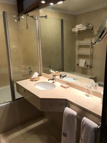 a bathroom with a sink and a shower and a mirror at Palmar Hotel Casino in Concordia