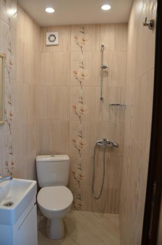 a bathroom with a shower and a toilet and a sink at Our House In The Town in Veliko Tŭrnovo
