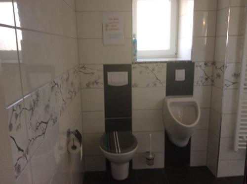 a bathroom with a toilet and a urinal and a sink at URS Ferienwohnung Wertheim in Wertheim
