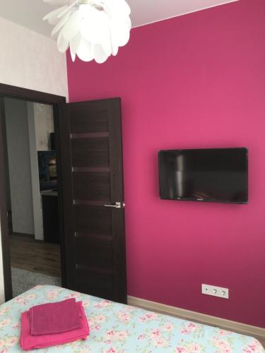 ヴァイスニューにあるАпартаменты в 3км аэропорта Киевのピンクの壁のベッドルーム(テレビ付)
