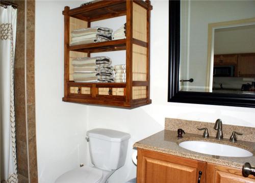 a bathroom with a toilet and a sink and a mirror at Keaau Place in Keaau