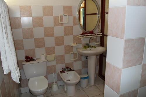 W łazience znajduje się toaleta, umywalka i lustro. w obiekcie Fare Edith Moorea w mieście Haapiti