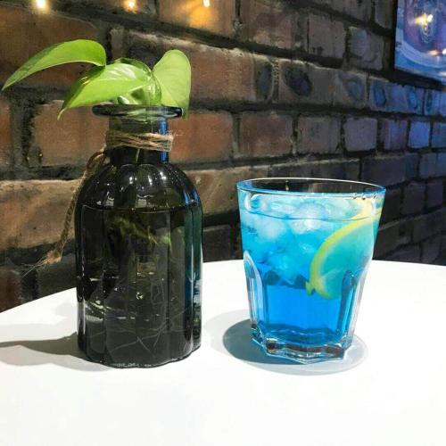 a black vase and a glass with a plant in it at Lemongo Youth Hostel Hohhot in Hohhot