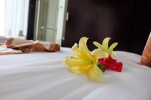 a yellow and red flower sitting on top of a bed at Indochine Hotel in Kon Tum