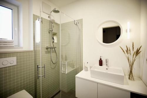 フェーマルンにあるVilla Gold IIのバスルーム(洗面台、ガラス張りのシャワー付)