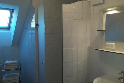 y baño con ducha y lavamanos. en Ferienhaus Ehrenreith, en Göstling an der Ybbs