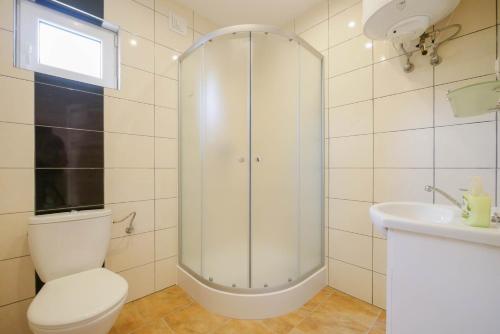 a bathroom with a shower and a toilet and a sink at Rodzinne Rusinowo in Rusinowo