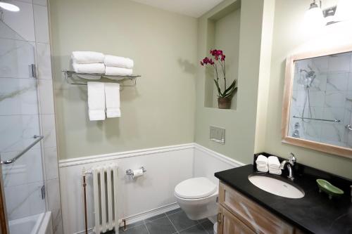a bathroom with a toilet and a sink and a shower at Seesaw's Lodge in Peru