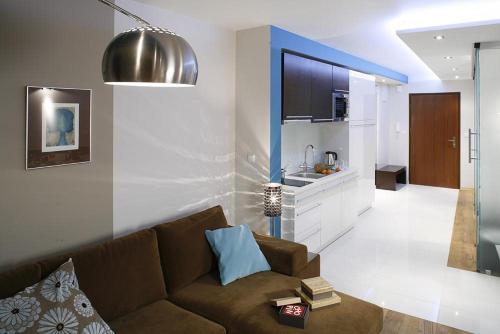 Il comprend un salon avec un canapé et une cuisine. dans l'établissement Komfortowe apartamenty u stóp Giewontu, à Kościelisko
