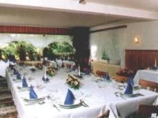Großes Zimmer mit einem langen Tisch mit blauen Stühlen in der Unterkunft Gästehaus Hankhausen in Rastede