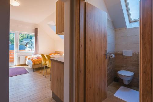 uma casa de banho com um WC e um lavatório em Apartments Dominika em Bohinjska Bela