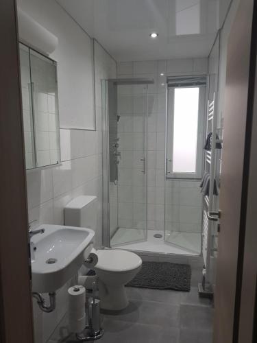 y baño con lavabo, aseo y ducha. en Ferienhaus Thalia 2, en Übach-Palenberg