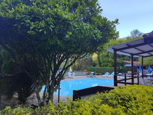 a swimming pool with a tree and a gazebo at Pousada Ypê das Montanhas in Monte Alegre do Sul