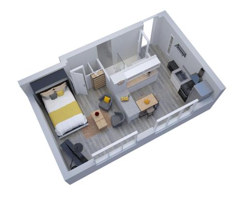 a floor plan of a bedroom with a bed and a desk at Les Mermes à Veigy 10mn de Genève in Veigy-Foncenex