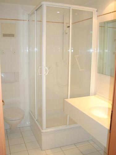 a white bathroom with a shower and a toilet at Kurhotel Würdinger Hof in Bad Füssing