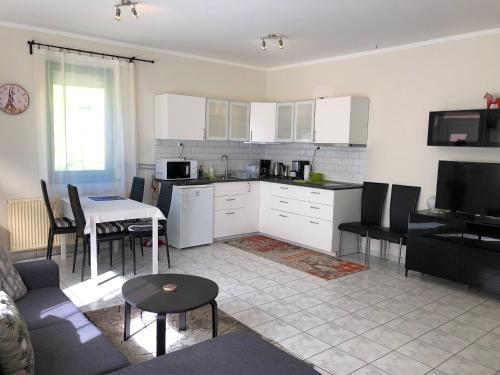 a kitchen and living room with a couch and a table at Biro Apartman in Zalakaros